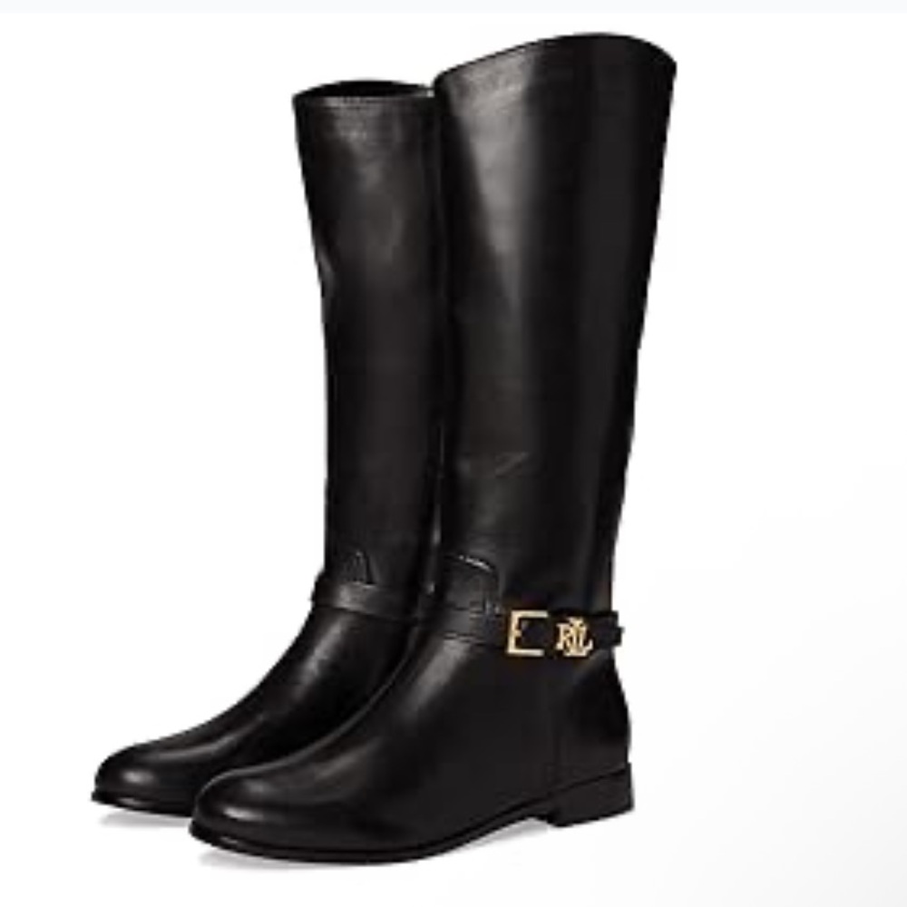 Ralph Lauren Black Over the Knee Boots with Gold Accent